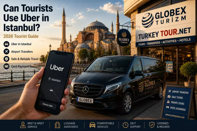 Private Mercedes airport transfer vehicle by Globex Turizm in Istanbul with Uber app illustration and Hagia Sophia background for Turkey travel guide 2026