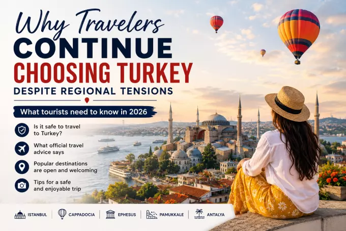 Travel to Turkey in 2026 – traveler overlooking Istanbul, Hagia Sophia and hot air balloons, illustrating why international visitors continue choosing Turkey despite regional tensions.